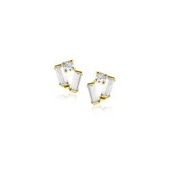 6mm ZINZI Gold 14 krt gouden fantasie oorstekers bezet met rechthoekige baguette geslepen witte zirconia's en een ronde witte zirconia ZGO465