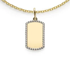 14mm ZINZI Gold 14 krt gouden graveerplaat in rechthoeksvorm van 14 x 9mm en met chique witgouden parelrand ZGH365-14 (zonder collier)