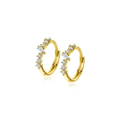 13mm ZINZI Gold 14 krt gouden oorringen met rechthoekige baguette geslepen zirkonia en zes ronde witte zirkonia's, met luxe klapsluiting 13 x 2mm ZGO528