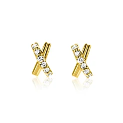 6mm ZINZI Gold 14 krt gouden oorstekers met X-vorm, bezet met witte zirkonia's ZGO549
