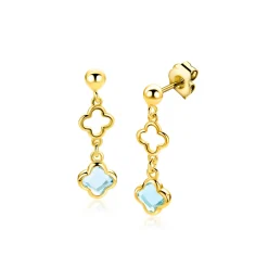 27mm ZINZI goldplated zilveren oorstekers met licht blauwe klavers en open klavers 8mm ZIO2906