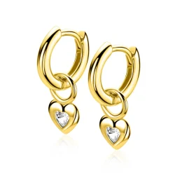 7mm ZINZI gold plated zilveren oorbedels met een glad hartje, bezet met een hartvormige witte zirkonia ZICH2886Y (zonder oorringen)