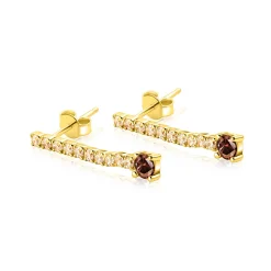26mm ZINZI gold plated zilveren tennis oorstekers met een rijzetting champagnekleurige zirkonia's en iets grotere donkerbruine zirkonia's ZIO2894C