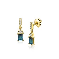 19mm ZINZI gold plated zilveren oorstekers met rechthoekige petrolblauwe kleursteen en rijzetting van witte zirkonia's ZIO2896