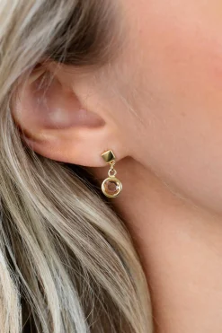 16mm ZINZI gold plated zilveren oorstekers met een vierkante gladde stud en een hangende ronde champagnekleurige zirkonia ZIO2907