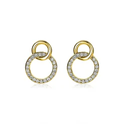 15mm ZINZI gold plated zilveren oorknoppen twee open rondjes verbonden en witte zirkonia's ZIO1782Y