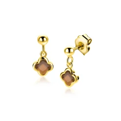 16mm ZINZI goldplated zilveren oorstekers met bruine klavers 8mm ZIO2772