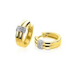 15mm ZINZI goldplated zilveren oorringen met gladde banen en schitterend pavé van zirkonia's, luxe klapsluiting ZIO2830