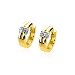 15mm ZINZI goldplated zilveren oorringen met gladde banen en schitterend pavé van zirkonia's, luxe klapsluiting ZIO2830