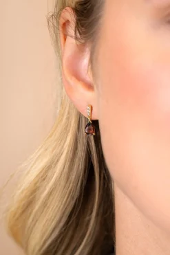 16mm ZINZI goldplated zilveren oorstekers met bruine druppelvormige kleursteen ZIO2804