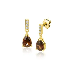 16mm ZINZI goldplated zilveren oorstekers met bruine druppelvormige kleursteen ZIO2804