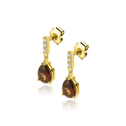 16mm ZINZI goldplated zilveren oorstekers met bruine druppelvormige kleursteen ZIO2804
