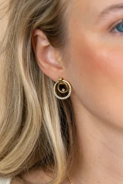 21mm ZINZI goldplated zilveren luxe oorstekers met elegante dubbele ronde ringen, speels bezet met witte zirkonia's ZIO2819