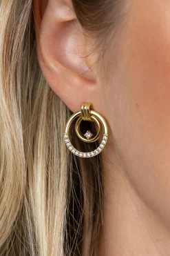 21mm ZINZI goldplated zilveren luxe oorstekers met elegante dubbele ronde ringen, speels bezet met witte zirkonia's ZIO2819