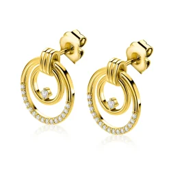 21mm ZINZI goldplated zilveren luxe oorstekers met elegante dubbele ronde ringen, speels bezet met witte zirkonia's ZIO2819