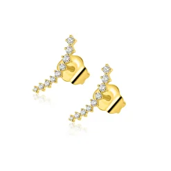 15mm ZINZI goldplated zilveren oorstekers met asymmetrische curve bezet met negen witte zirkonia's ZIO2818