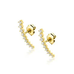 15mm ZINZI goldplated zilveren oorstekers met asymmetrische curve bezet met negen witte zirkonia's ZIO2818