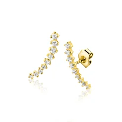 15mm ZINZI goldplated zilveren oorstekers met asymmetrische curve bezet met negen witte zirkonia's ZIO2818