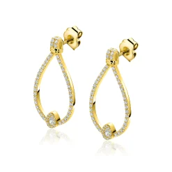 29mm ZINZI goldplated zilveren luxe oorstekers met grote sierlijke open druppelvorm, bezet met witte zirkonia’s ZIO2815