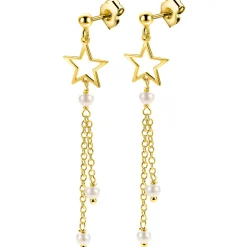 53mm ZINZI goldplated zilveren oorstekers met opengewerkte ster, hangende kettinkjes en witte parels ZIO2780