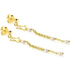 53mm ZINZI goldplated zilveren oorstekers met opengewerkte ster, hangende kettinkjes en witte parels ZIO2780