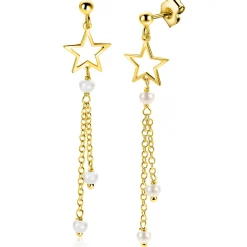 53mm ZINZI goldplated zilveren oorstekers met opengewerkte ster, hangende kettinkjes en witte parels ZIO2780