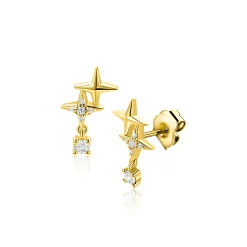 14,5mm ZINZI goldplated zilveren oorstekers 'sterrendans' met twee speelse sterren en bungelende witte zirkonia ZIO2837