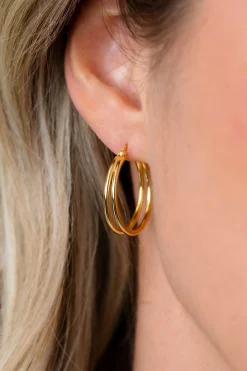 24mm ZINZI gold plated zilveren multi-look oorringen met dubbele buis. Met gemakkelijke bovensluiting ZIO2858G