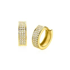 13mm ZINZI gold plated zilveren brede oorringen bezet met drie rijen schitterende witte zirkonia’s, luxe klapsluiting ZIO2862Y