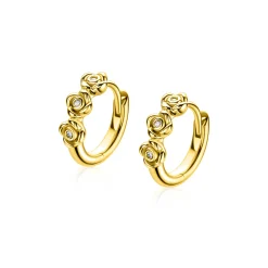 13mm ZINZI gold plated zilveren oorringen met drie roosjes, bezet met witte zirkonia’s, luxe klapsluiting ZIO2873Y