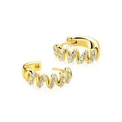 16mm ZINZI gold plated zilveren oorringen met een sierlijk open golvend design, bezet met witte zirkonia’s, luxe klapsluiting ZIO2877Y