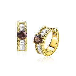 16mm ZINZI gold plated zilveren oorringen met een bruine kleursteen, een rij baguette geslepen witte zirkonia’s en sierlijke randafwerking, met klapsluiting ZIO2880