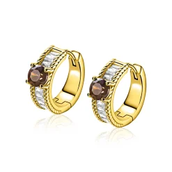 16mm ZINZI gold plated zilveren oorringen met een bruine kleursteen, een rij baguette geslepen witte zirkonia’s en sierlijke randafwerking, met klapsluiting ZIO2880