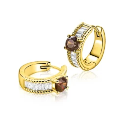 16mm ZINZI gold plated zilveren oorringen met een bruine kleursteen, een rij baguette geslepen witte zirkonia’s en sierlijke randafwerking, met klapsluiting ZIO2880