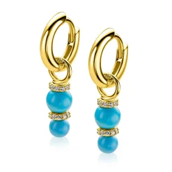 16mm ZINZI gold plated zilveren oorbedels met twee turquoise parels onder elkaar waarbij de top is bezet met witte zirconia's ZICH2864T (zonder oorringen)