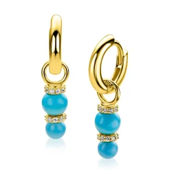 16mm ZINZI gold plated zilveren oorbedels met twee turquoise parels onder elkaar waarbij de top is bezet met witte zirconia's ZICH2864T (zonder oorringen)