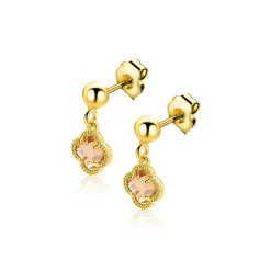 14mm ZINZI gold plated zilveren oorstekers met licht bruine klavers 7mm ZIO2905C