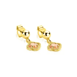 14mm ZINZI gold plated zilveren oorstekers met licht bruine klavers 7mm ZIO2905C