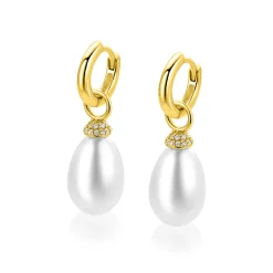 18mm ZINZI goldplated zilveren oorbedels met ovaalvormige witte parel en pavé gezette top met witte zirkonia’s ZICH2822Y (zonder oorringen)