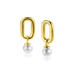 23mm ZINZI goldplated zilveren oorbedels met een langwerpige stoere schakel en witte parel ZICH2821G (zonder oorringen)