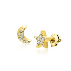 7mm ZINZI goldplated zilveren oorknopjes in ster- en maansymbool, bezet met fonkelende witte zirkonia’s ZIO2827