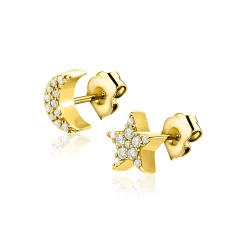 7mm ZINZI goldplated zilveren oorknopjes in ster- en maansymbool, bezet met fonkelende witte zirkonia’s ZIO2827