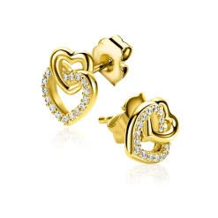 10mm ZINZI gold plated zilveren oorknoppen 2 open hartjes met elkaar verbonden, waarvan 1 hartje bezet met witte zirconia's ZIO2493Y