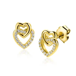 10mm ZINZI gold plated zilveren oorknoppen 2 open hartjes met elkaar verbonden, waarvan 1 hartje bezet met witte zirconia's ZIO2493Y