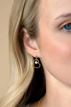 20mm ZINZI gold plated zilveren oorstekers open hart 15mm en bungelend hartje bezet met witte zirconia's ZIO2621