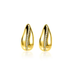 17mm ZINZI gold plated zilveren oorstekers in druppelvorm met golvende rij witte zirkonia's ZIO2707Y