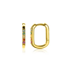 14mm ZINZI gold plated zilveren luxe oorringen in ovale vorm bezet met regenboog kleurstenen ZIO2598