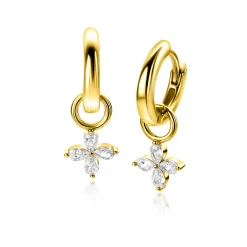 13mm ZINZI gold plated zilveren oorbedels met bloem bezet met 4 druppelvormige zirconia's ZICH2624 (zonder oorringen)