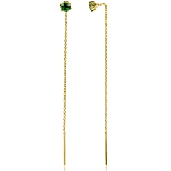 80mm ZINZI gold plated zilveren doortrek oorbellen met chatonzetting 5mm groene kleursteen en sierlijk kettinkje ZIO2576GG