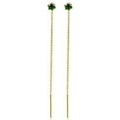 80mm ZINZI gold plated zilveren doortrek oorbellen met chatonzetting 5mm groene kleursteen en sierlijk kettinkje ZIO2576GG